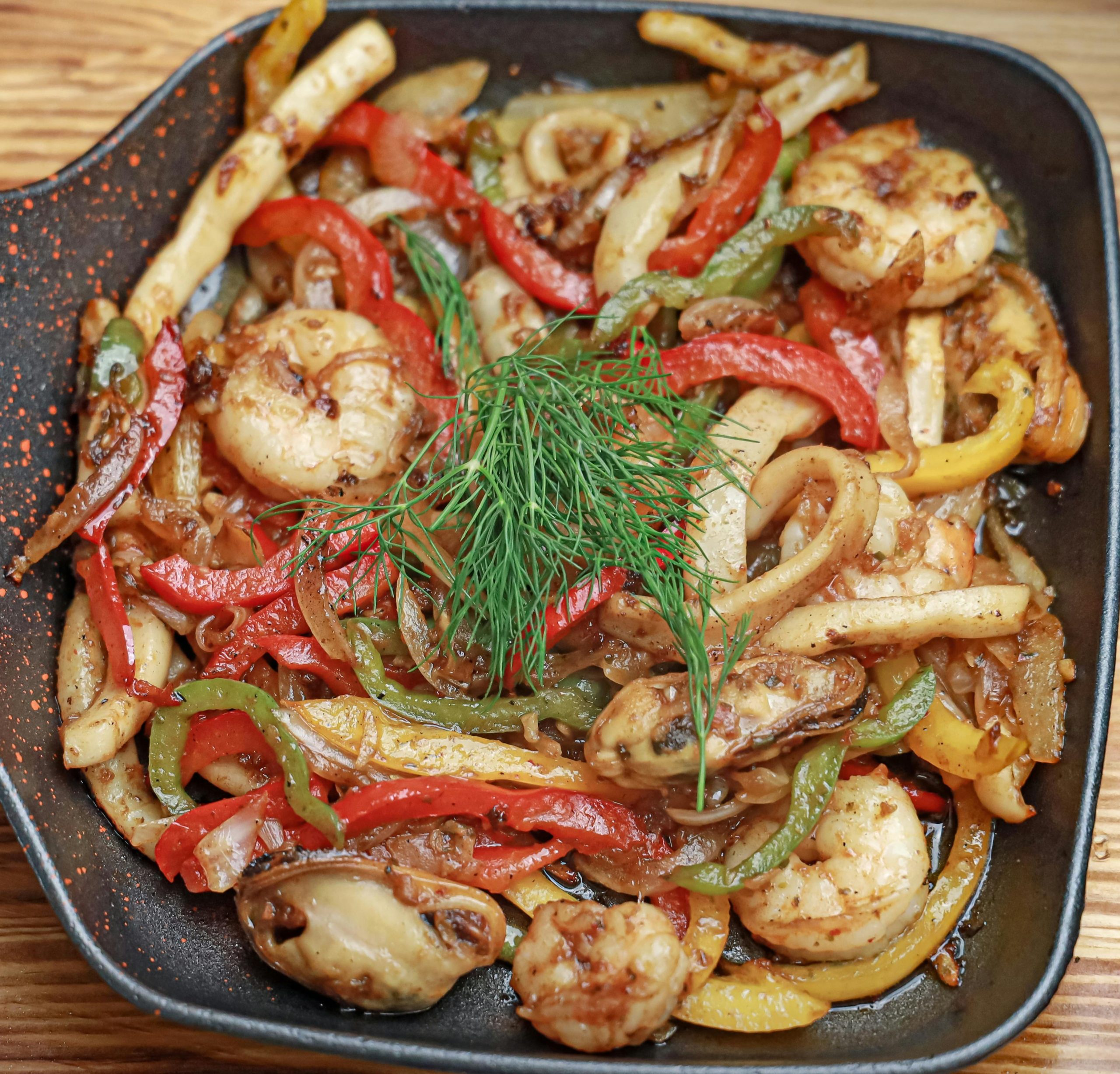 Steak, Shrimp, and Veggie skillet