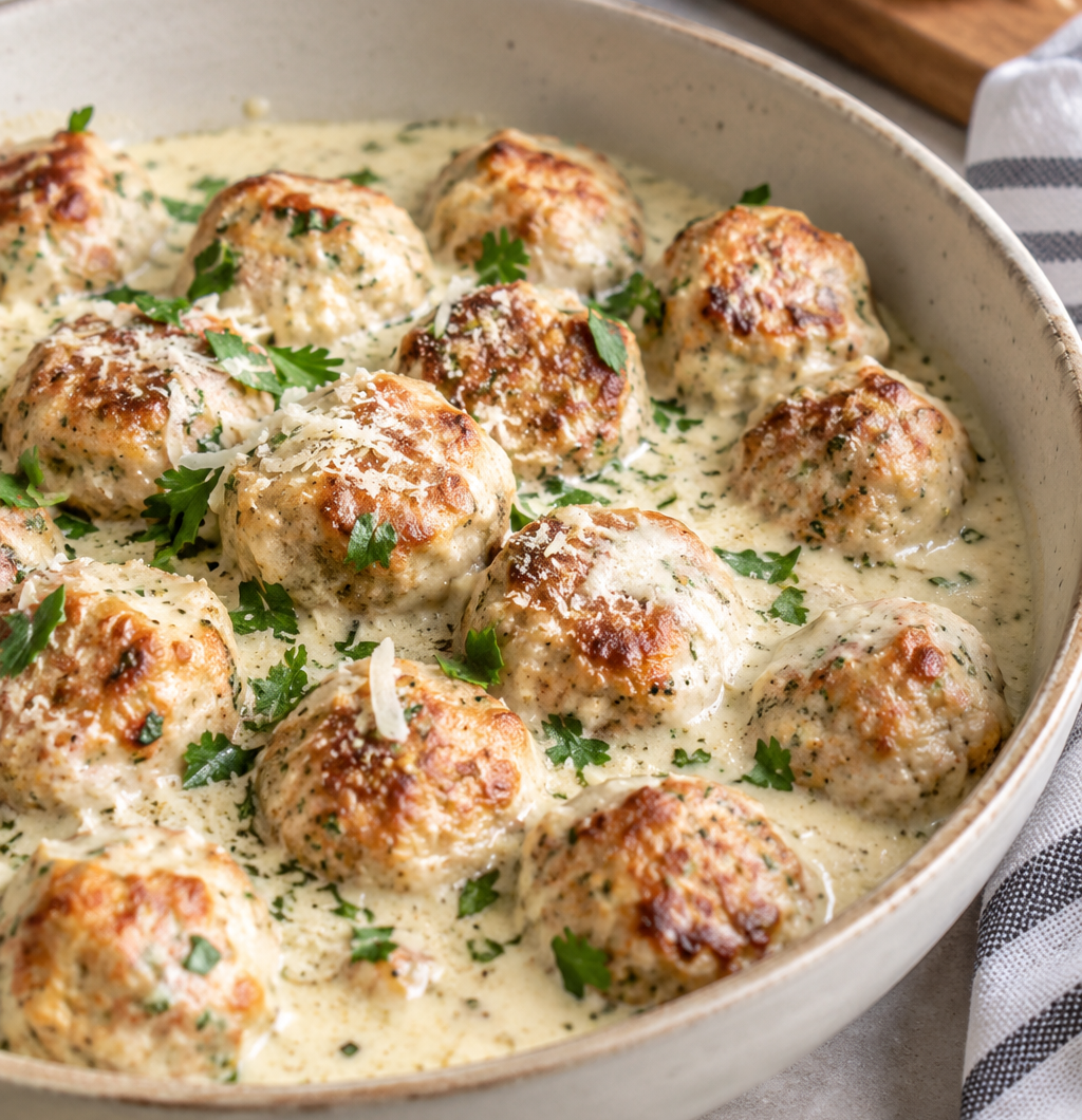 High-Protein Turkey Meatballs with Creamy Garlic Parmesan Sauce