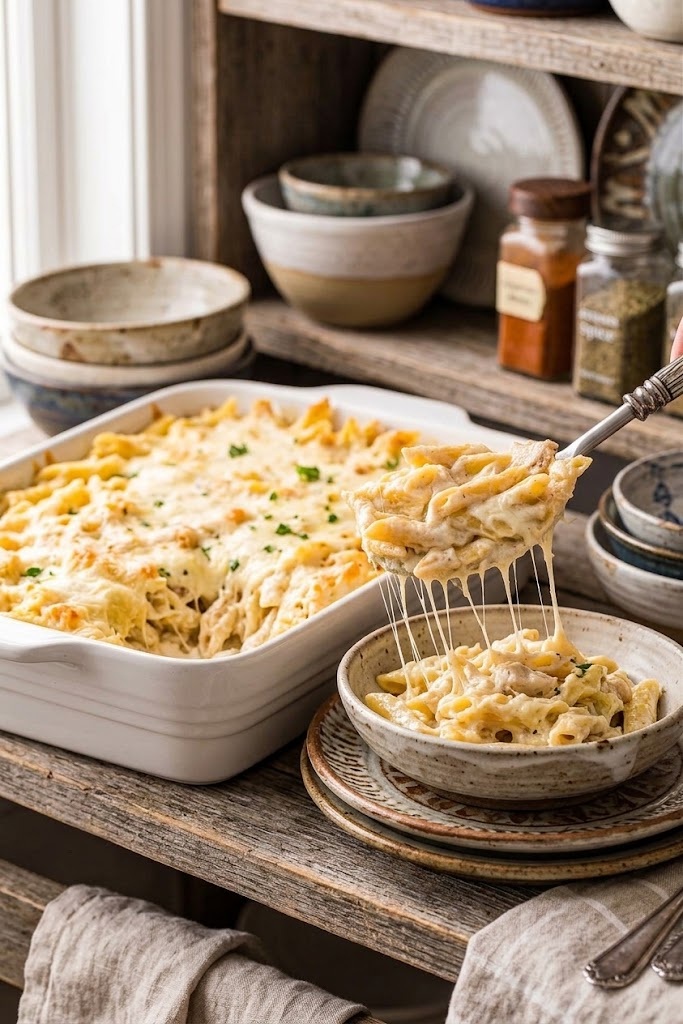 High Protein Creamy Chicken Alfredo Bake